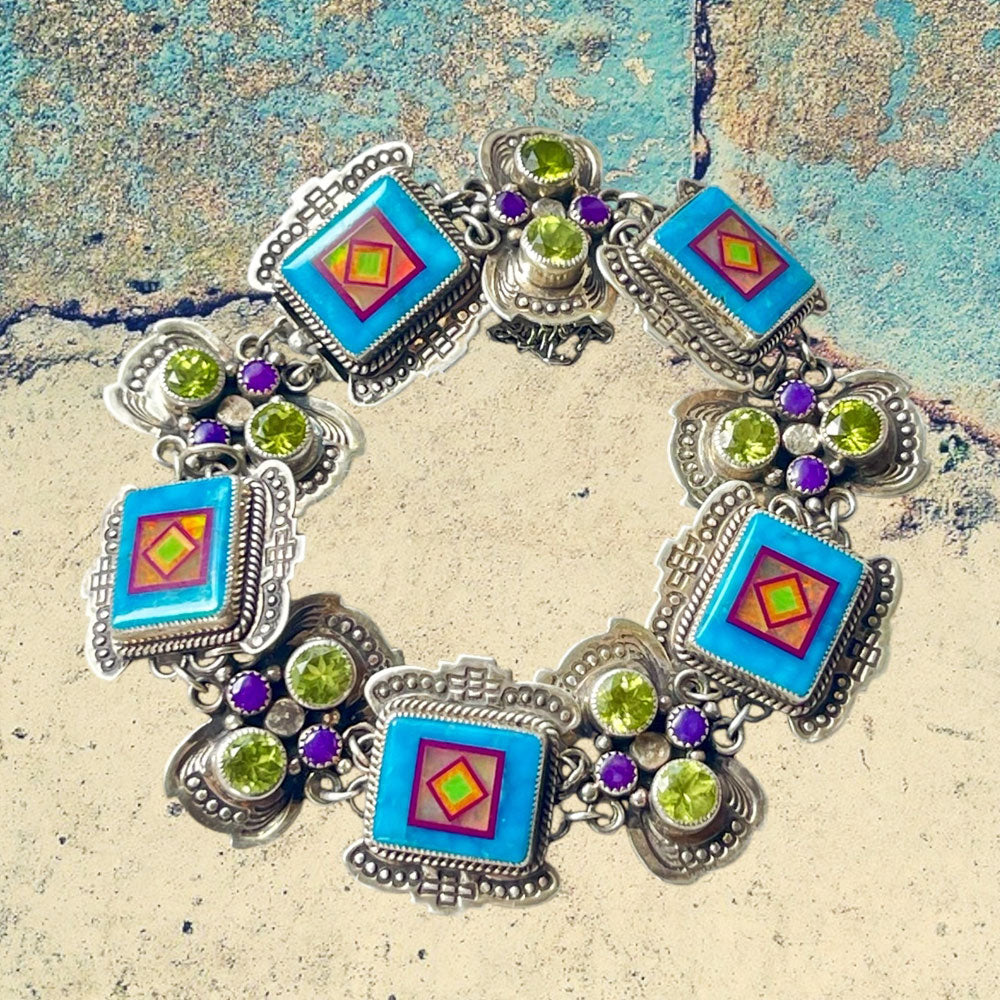 Sterling Silver Turquoise Inlay with Peridot and Sugilite Link Bracelet